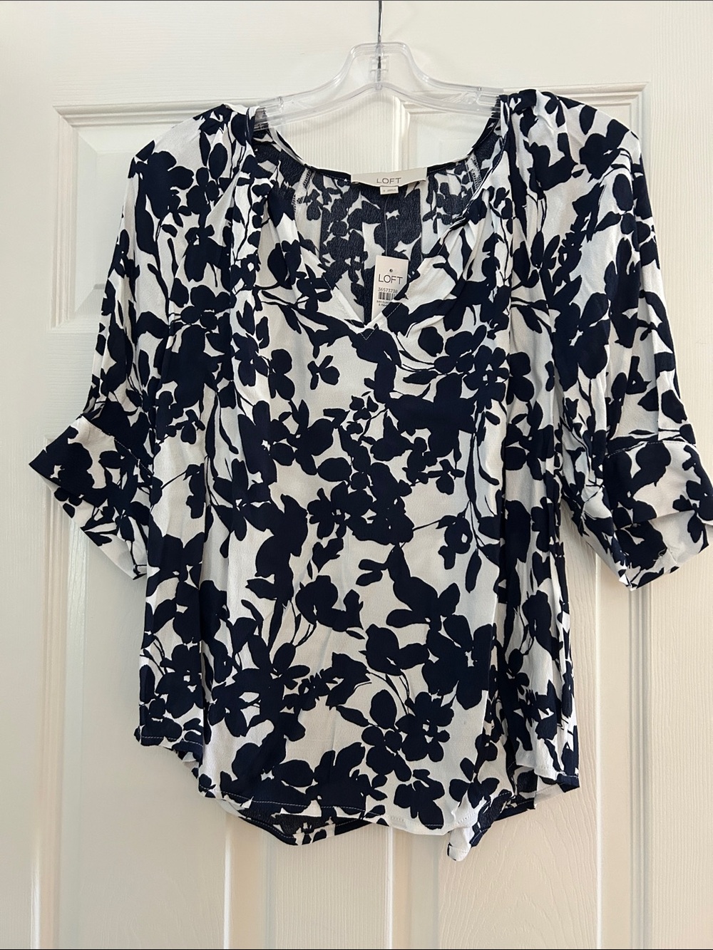 LOFT Navy and White Floral V-Neck Peasant Blouse
